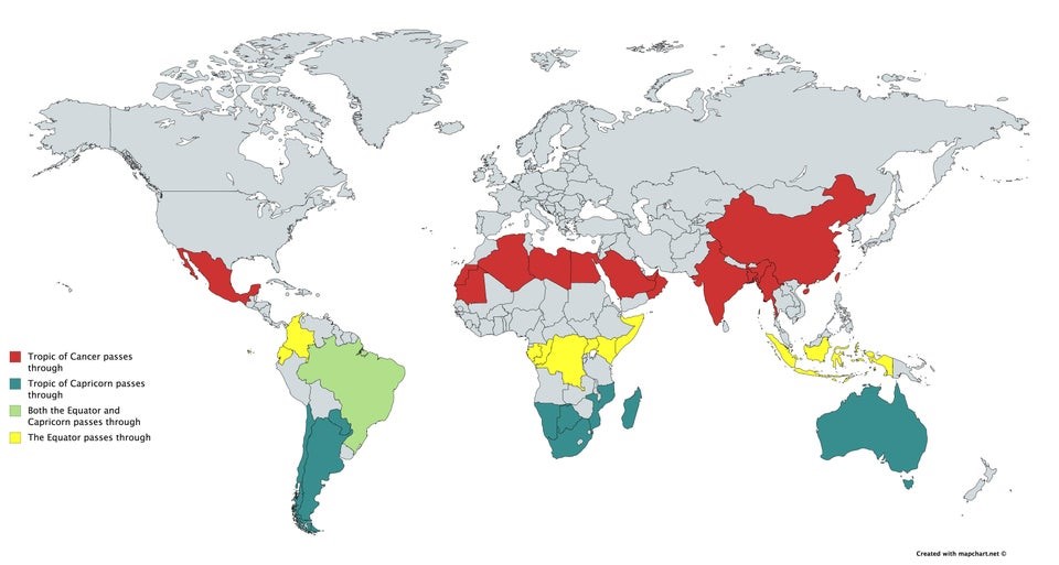 countries where tropic of cancer, tropic of capricorn and the equator passes through