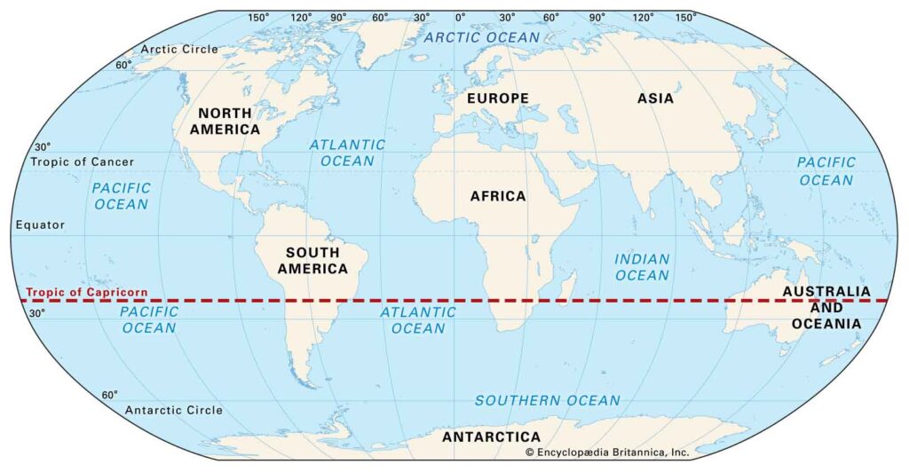tropic of capricorn on map showing countries it passes through