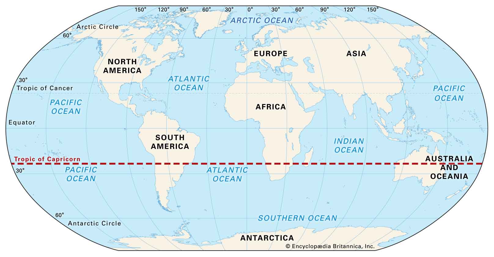 Tropic of Capricorn and the Countries it Passes through