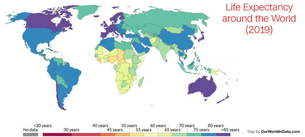 life expectancy and average human lifespan in countries around the world.
